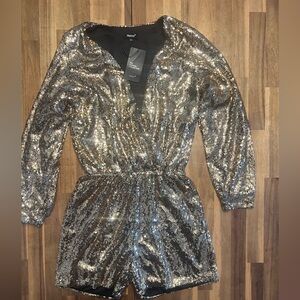 Hancy Gold Sequin Faux Wrap Party Romper Stretch Cocktail Party Holiday NYE XL